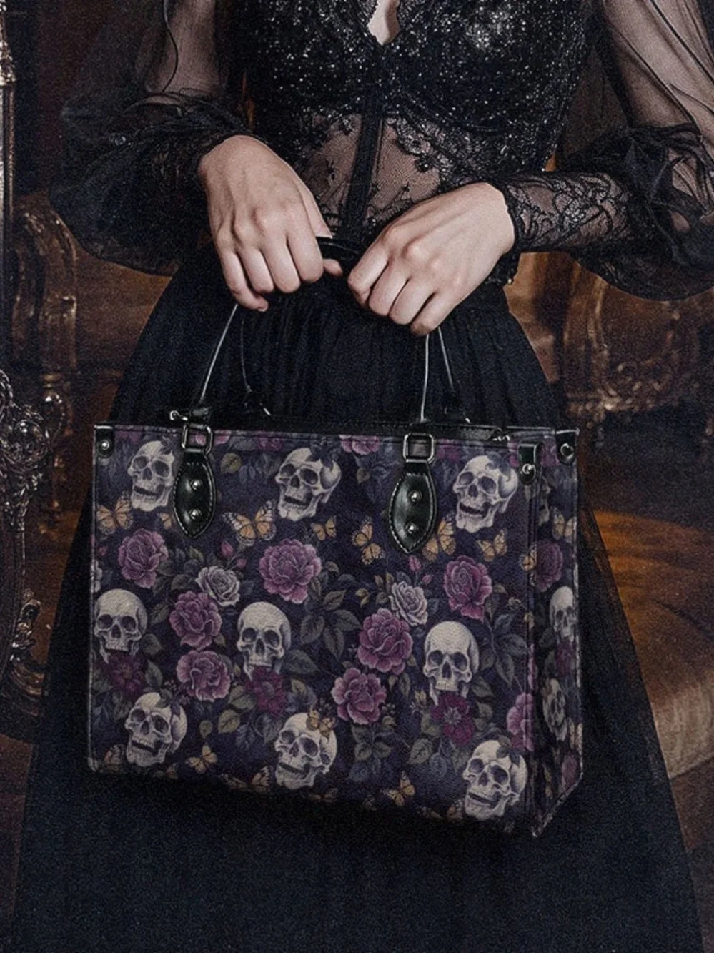 Gothic Skull & Rose Purple Tote Bag with Black Handles